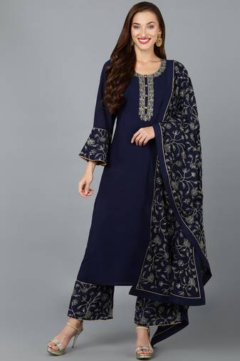 navy blue color embroidered poly georgette styles kurta palazzo with dupatta