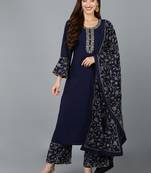 navy blue color embroidered poly georgette styles kurta palazzo with dupatta