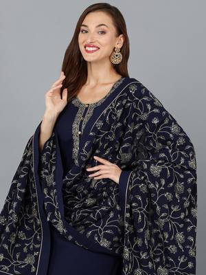 navy blue color embroidered poly georgette styles kurta palazzo with dupatta 2