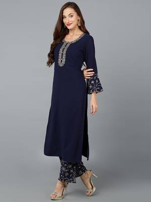 navy blue color embroidered poly georgette styles kurta palazzo with dupatta 3
