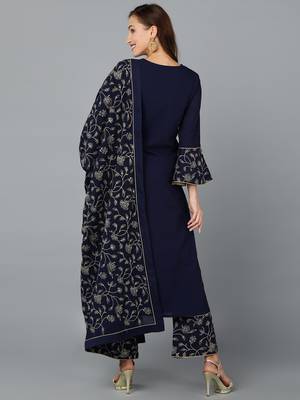 navy blue color embroidered poly georgette styles kurta palazzo with dupatta 4