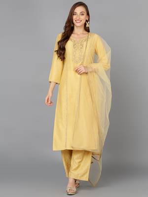 yellow color embroidered silk blend styles kurta palazzo with dupatta 1