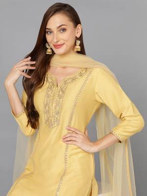 yellow color embroidered silk blend styles kurta palazzo with dupatta 2