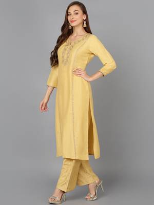 yellow color embroidered silk blend styles kurta palazzo with dupatta 3