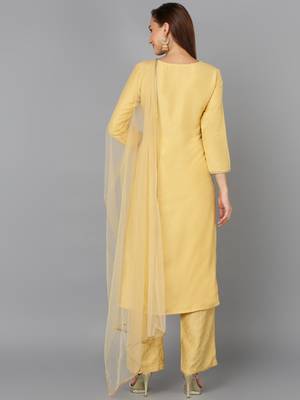 yellow color embroidered silk blend styles kurta palazzo with dupatta 4