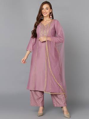 mauve color embroidered silk blend styles kurta palazzo with dupatta 1