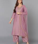 mauve color embroidered silk blend styles kurta palazzo with dupatta