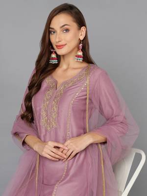 mauve color embroidered silk blend styles kurta palazzo with dupatta 2