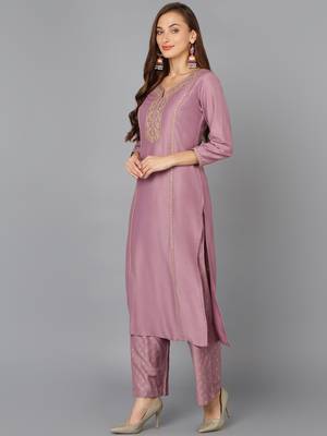 mauve color embroidered silk blend styles kurta palazzo with dupatta 3
