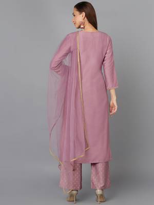 mauve color embroidered silk blend styles kurta palazzo with dupatta 4