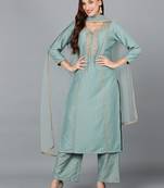 sea green color embroidered silk blend styles kurta palazzo with dupatta