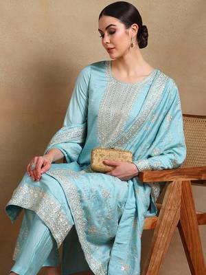 blue color embroidered silk blend styles kurta trouser with dupatta 1