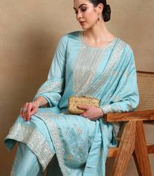 blue color embroidered silk blend styles kurta trouser with dupatta