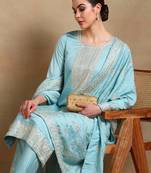 blue color embroidered silk blend styles kurta trouser with dupatta