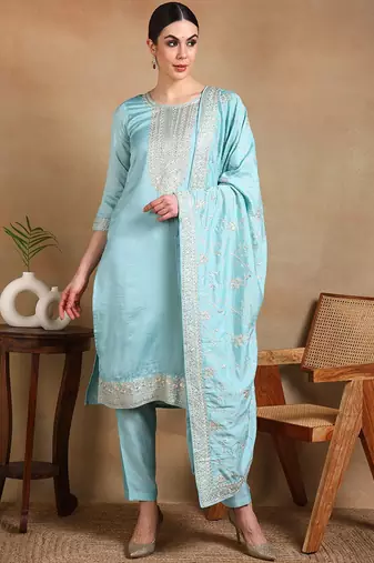 blue color embroidered silk blend styles kurta trouser with dupatta