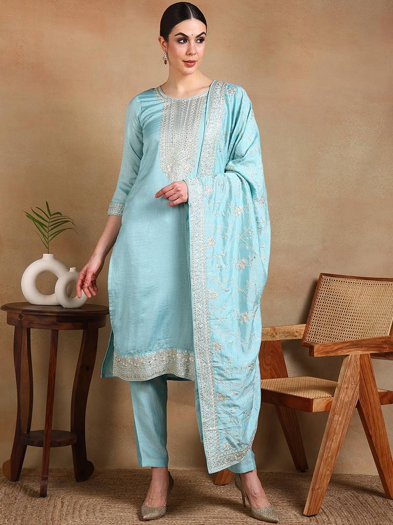 blue color embroidered silk blend styles kurta trouser with dupatta