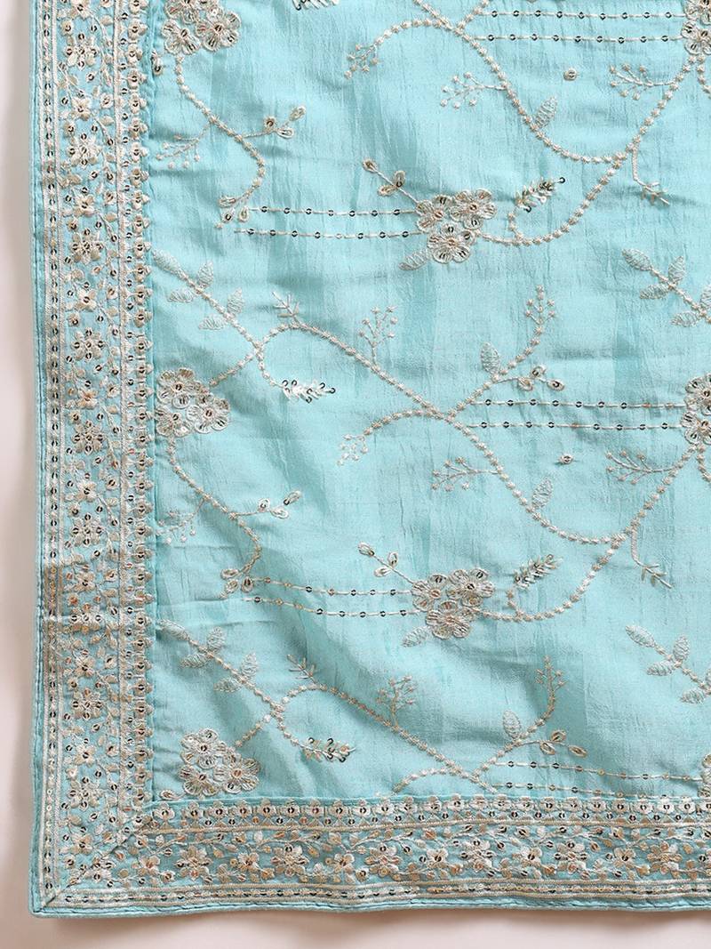 blue color embroidered silk blend styles kurta trouser with dupatta