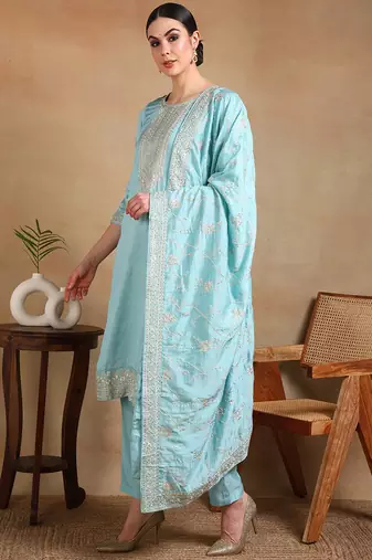 blue color embroidered silk blend styles kurta trouser with dupatta