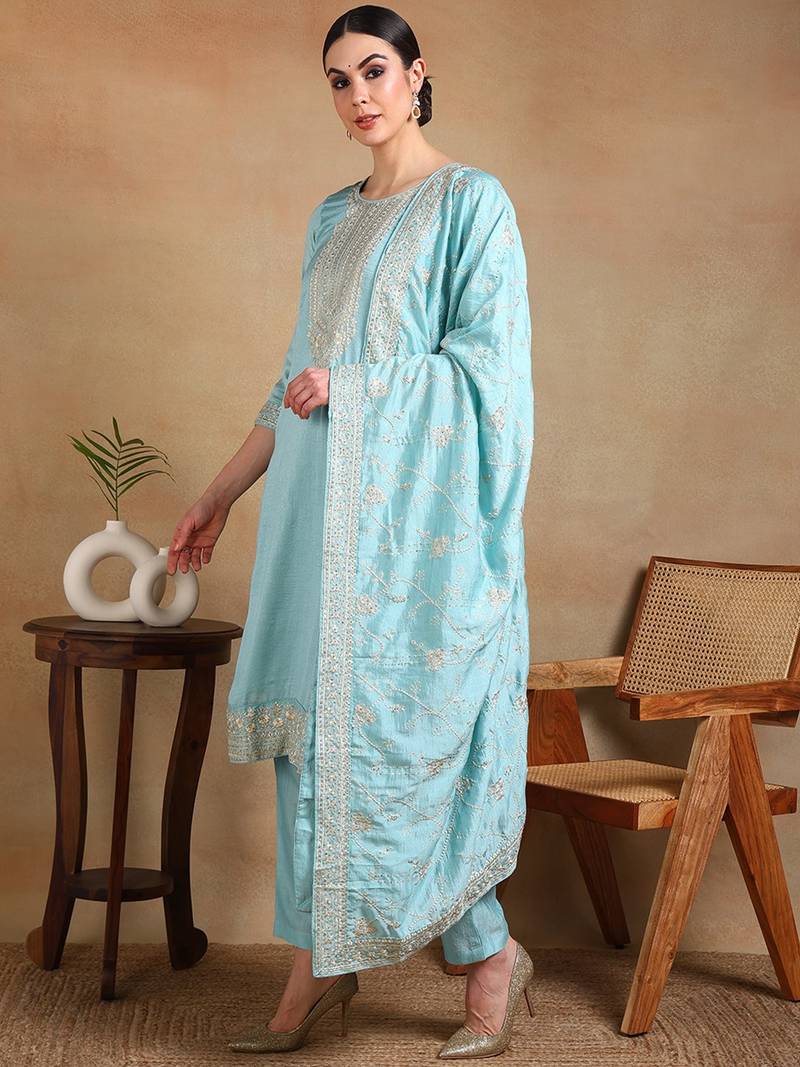 blue color embroidered silk blend styles kurta trouser with dupatta
