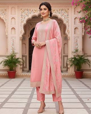 pink color embroidered silk blend styles kurta trouser with dupatta 1