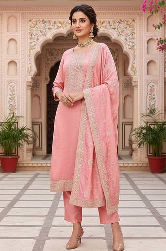 pink color embroidered silk blend styles kurta trouser with dupatta