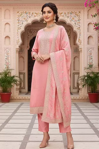 pink color embroidered silk blend styles kurta trouser with dupatta