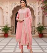 pink color embroidered silk blend styles kurta trouser with dupatta