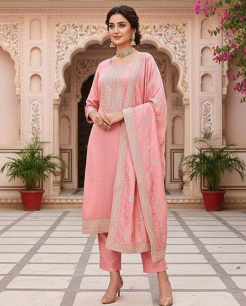 pink color embroidered silk blend styles kurta trouser with dupatta