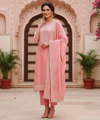pink color embroidered silk blend styles kurta trouser with dupatta 3