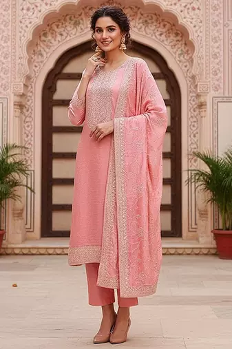 pink color embroidered silk blend styles kurta trouser with dupatta