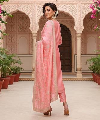 pink color embroidered silk blend styles kurta trouser with dupatta 4