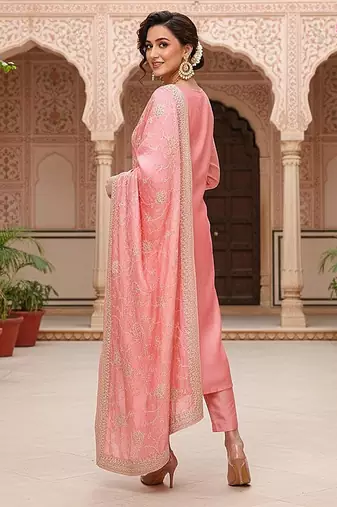 pink color embroidered silk blend styles kurta trouser with dupatta