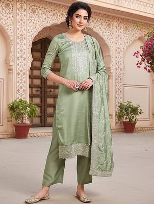 green color embroidered silk blend styles kurta trouser with dupatta 1