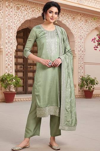 green color embroidered silk blend styles kurta trouser with dupatta