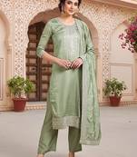 green color embroidered silk blend styles kurta trouser with dupatta