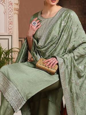 green color embroidered silk blend styles kurta trouser with dupatta 2