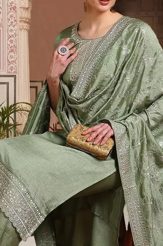 green color embroidered silk blend styles kurta trouser with dupatta