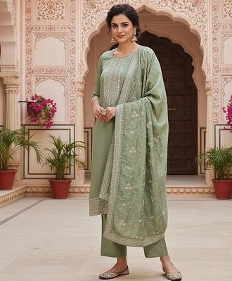 green color embroidered silk blend styles kurta trouser with dupatta 3