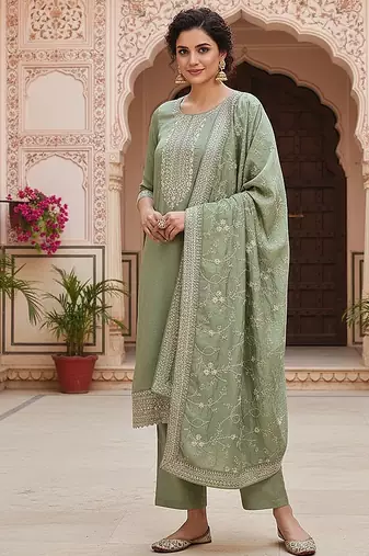 green color embroidered silk blend styles kurta trouser with dupatta