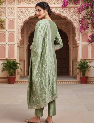green color embroidered silk blend styles kurta trouser with dupatta 4