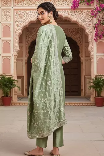 green color embroidered silk blend styles kurta trouser with dupatta