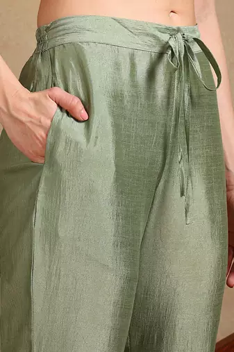 green color embroidered silk blend styles kurta trouser with dupatta