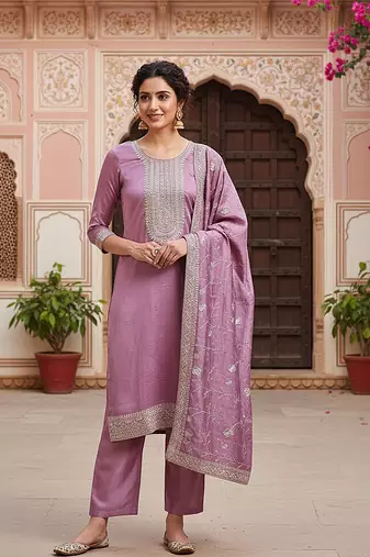 lavender color embroidered silk blend styles kurta trouser with dupatta