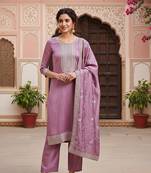 lavender color embroidered silk blend styles kurta trouser with dupatta