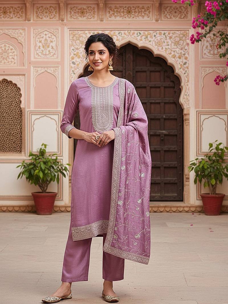 lavender color embroidered silk blend styles kurta trouser with dupatta