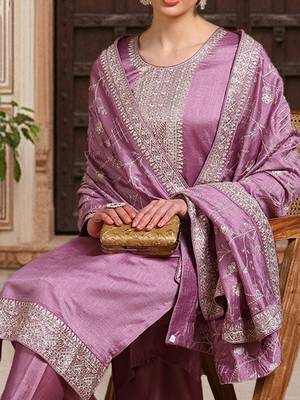 lavender color embroidered silk blend styles kurta trouser with dupatta 2