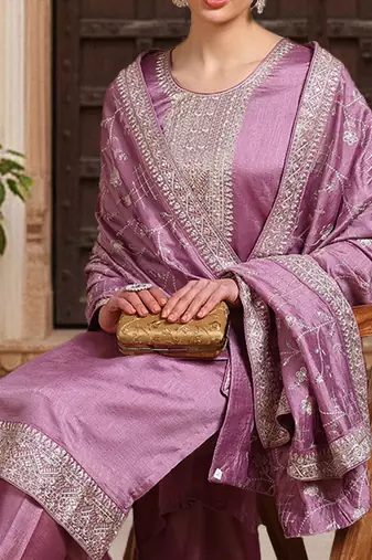 lavender color embroidered silk blend styles kurta trouser with dupatta