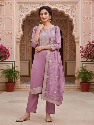 lavender color embroidered silk blend styles kurta trouser with dupatta 3