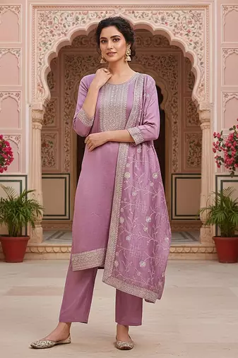 lavender color embroidered silk blend styles kurta trouser with dupatta