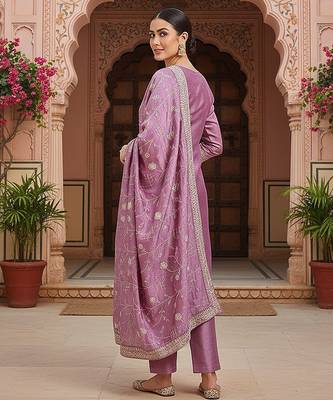 lavender color embroidered silk blend styles kurta trouser with dupatta 4